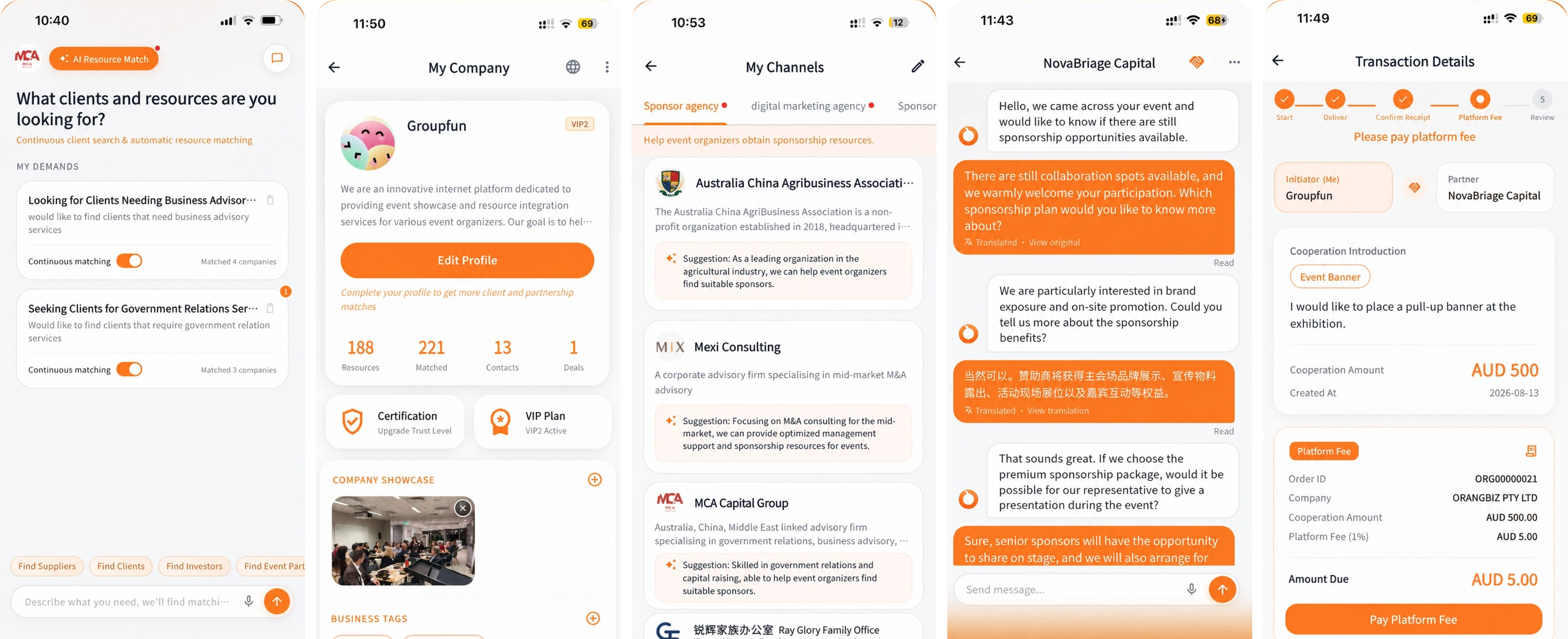 OrangeBiz app screens